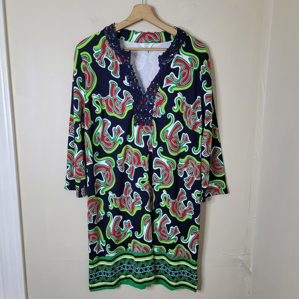 Crown & Ivy Colorful Preppy Shift Dress • Crochet Neckline Size XLP - Picture 2 of 6